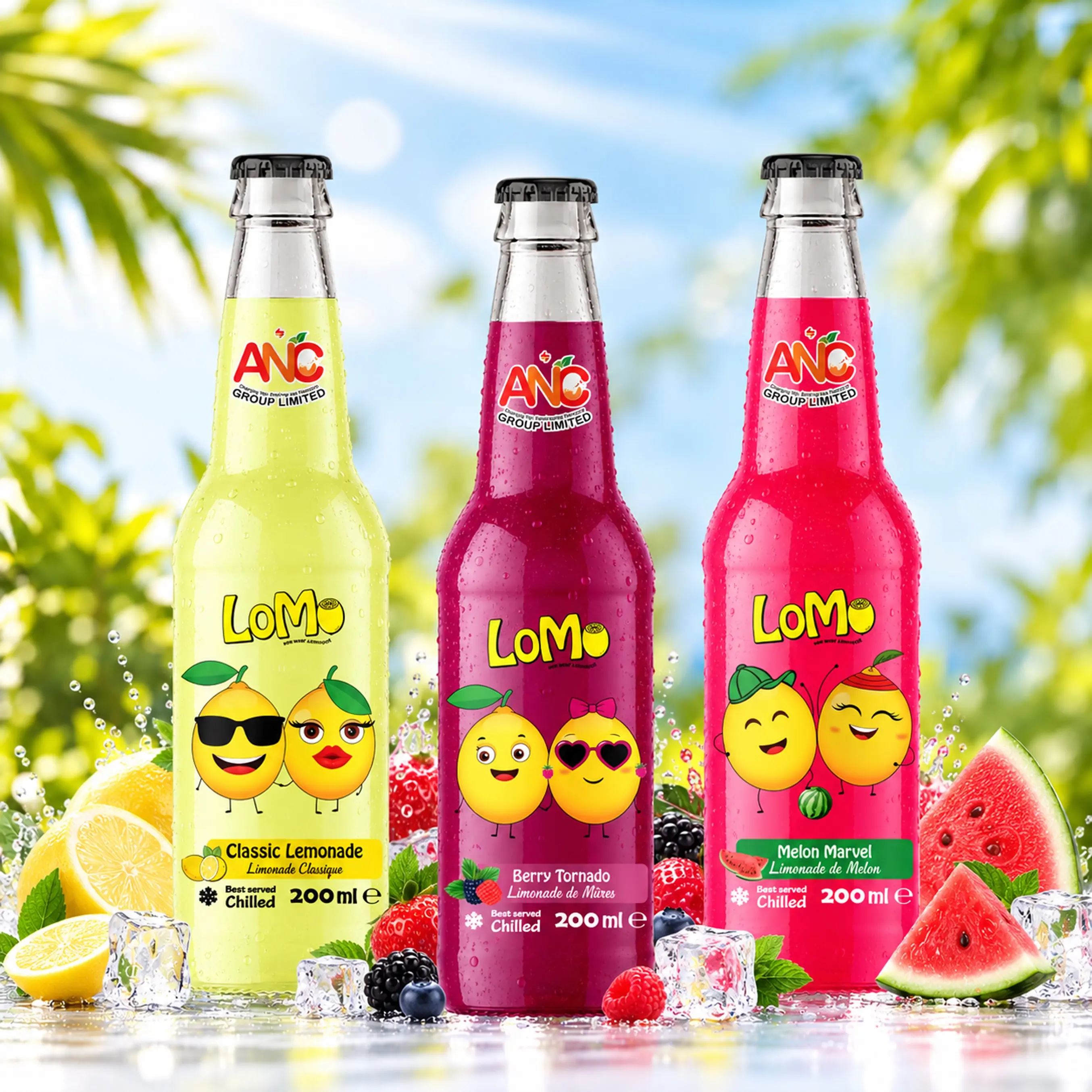 LoMo 200 mL glass bottles featuring Tropical Splash, Classic Lemonade, Berry Tornado, Melon Marvel and Strawberry Passion flavours with fresh fruit and ice.